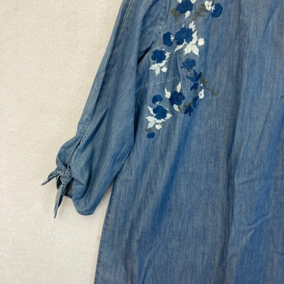 CECE Den Embroidered 3/4 Sleeve Chambray Shift Dress Size 10 Floral Boxy Denim - Picture 7 of 15